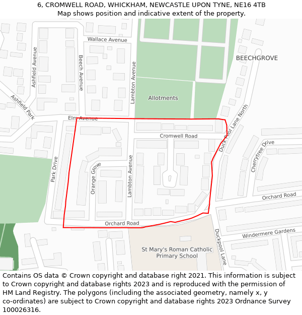 6, CROMWELL ROAD, WHICKHAM, NEWCASTLE UPON TYNE, NE16 4TB: Location map and indicative extent of plot