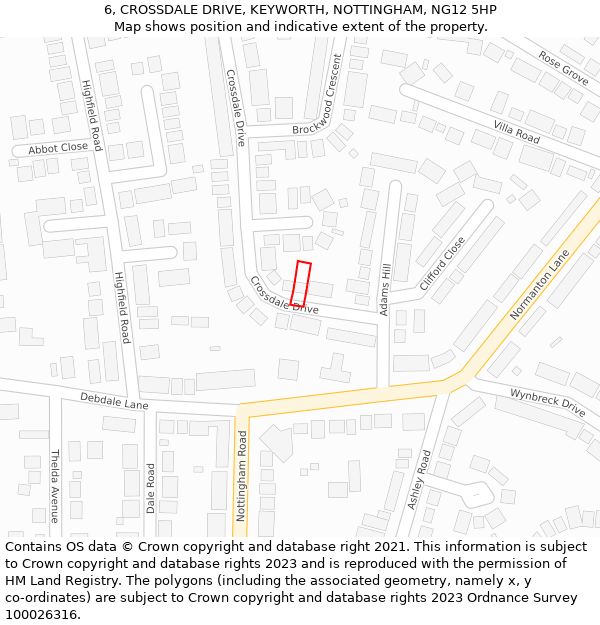 6, CROSSDALE DRIVE, KEYWORTH, NOTTINGHAM, NG12 5HP: Location map and indicative extent of plot