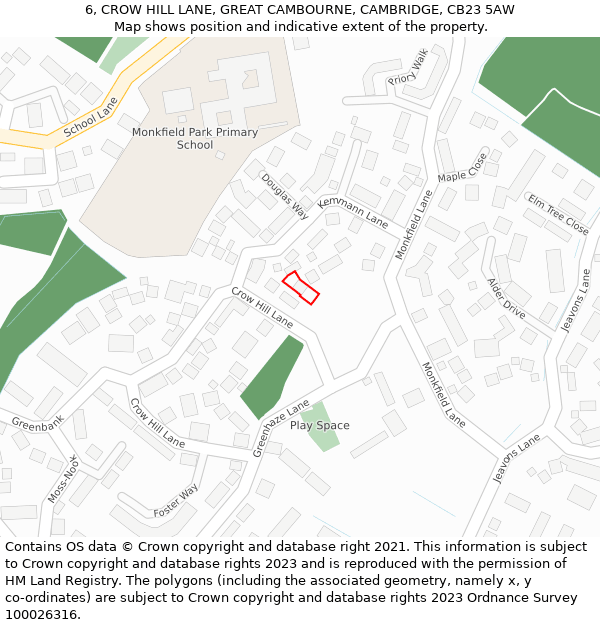 6, CROW HILL LANE, GREAT CAMBOURNE, CAMBRIDGE, CB23 5AW: Location map and indicative extent of plot