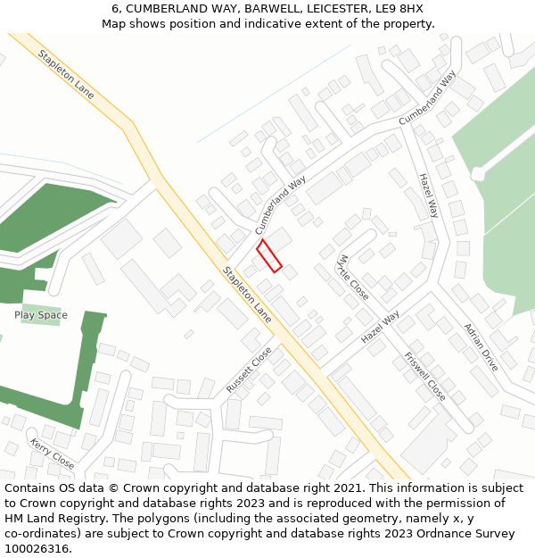 6, CUMBERLAND WAY, BARWELL, LEICESTER, LE9 8HX: Location map and indicative extent of plot