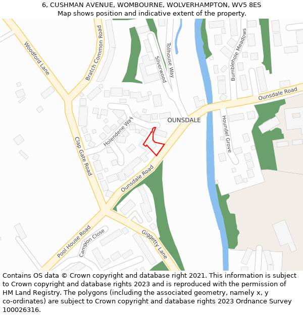 6, CUSHMAN AVENUE, WOMBOURNE, WOLVERHAMPTON, WV5 8ES: Location map and indicative extent of plot