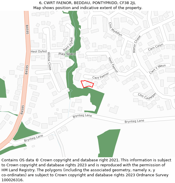 6, CWRT FAENOR, BEDDAU, PONTYPRIDD, CF38 2JL: Location map and indicative extent of plot