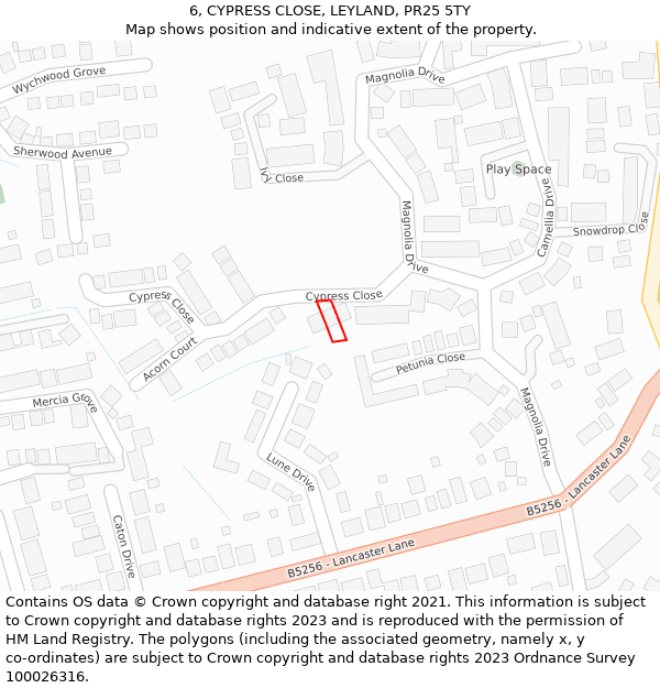 6, CYPRESS CLOSE, LEYLAND, PR25 5TY: Location map and indicative extent of plot