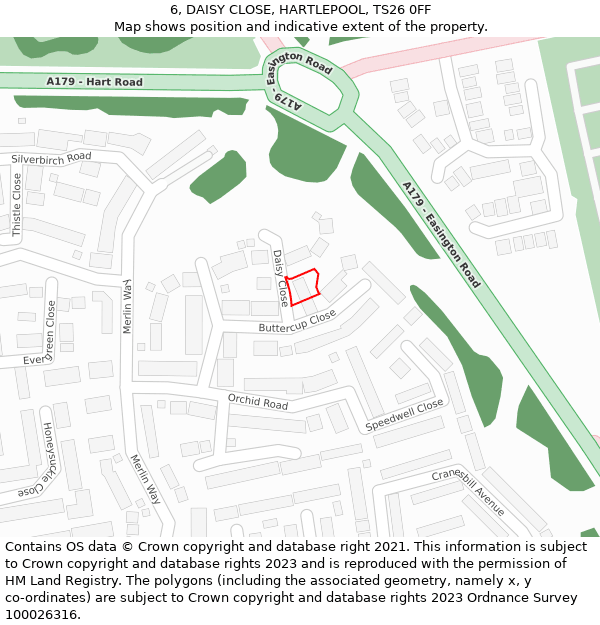 6, DAISY CLOSE, HARTLEPOOL, TS26 0FF: Location map and indicative extent of plot