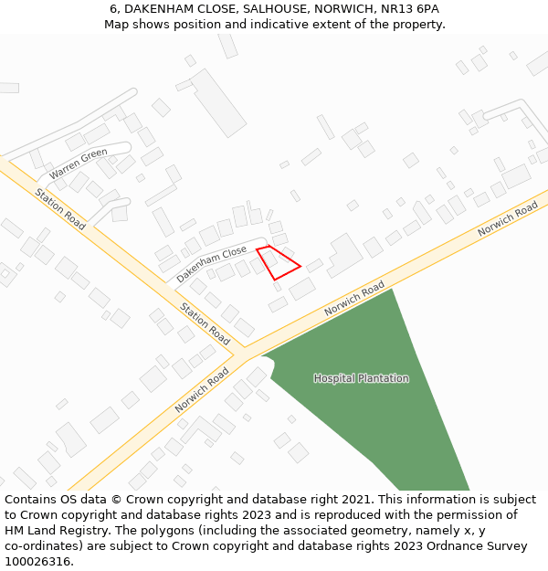 6, DAKENHAM CLOSE, SALHOUSE, NORWICH, NR13 6PA: Location map and indicative extent of plot