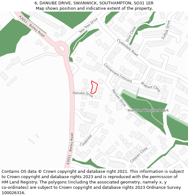 6, DANUBE DRIVE, SWANWICK, SOUTHAMPTON, SO31 1ER: Location map and indicative extent of plot