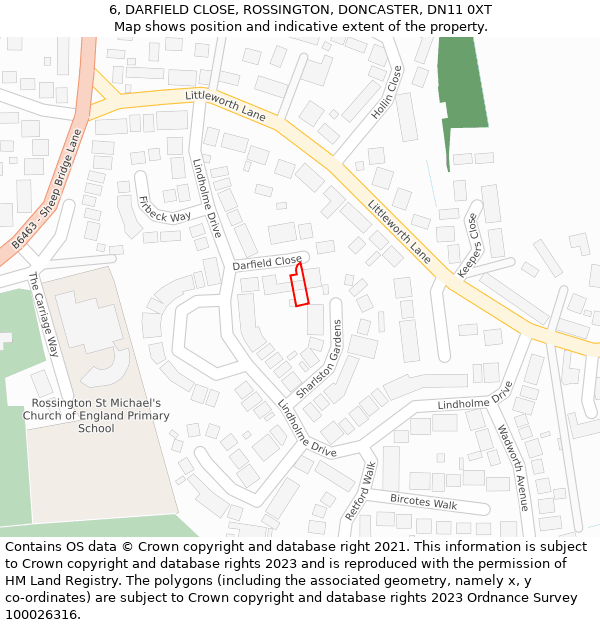 6, DARFIELD CLOSE, ROSSINGTON, DONCASTER, DN11 0XT: Location map and indicative extent of plot