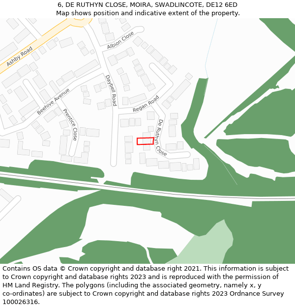 6, DE RUTHYN CLOSE, MOIRA, SWADLINCOTE, DE12 6ED: Location map and indicative extent of plot