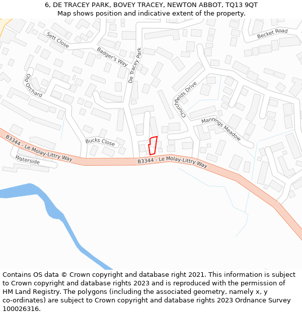 6, DE TRACEY PARK, BOVEY TRACEY, NEWTON ABBOT, TQ13 9QT: Location map and indicative extent of plot