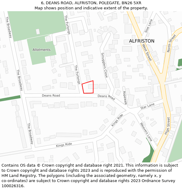 6, DEANS ROAD, ALFRISTON, POLEGATE, BN26 5XR: Location map and indicative extent of plot