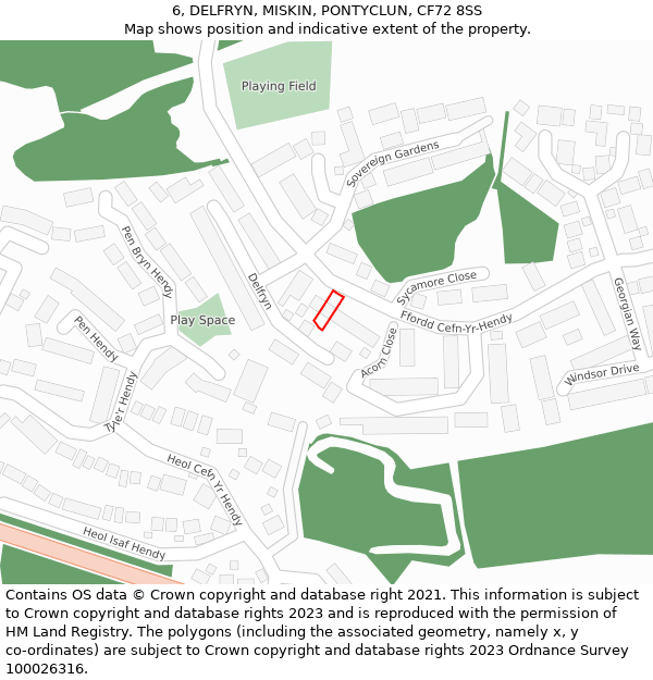 6, DELFRYN, MISKIN, PONTYCLUN, CF72 8SS: Location map and indicative extent of plot