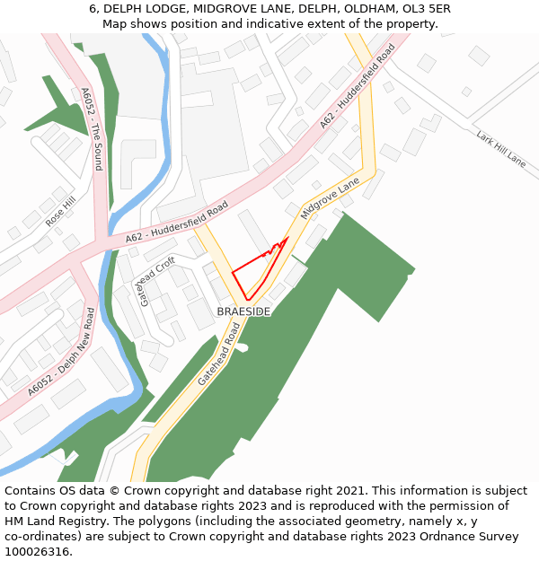 6, DELPH LODGE, MIDGROVE LANE, DELPH, OLDHAM, OL3 5ER: Location map and indicative extent of plot