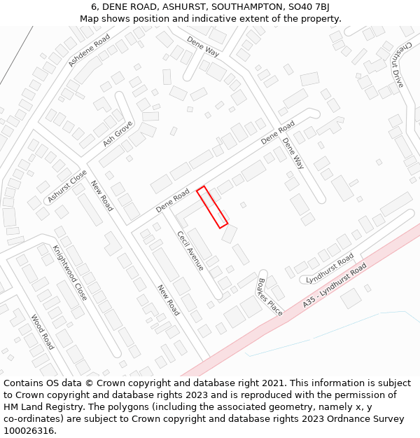 6, DENE ROAD, ASHURST, SOUTHAMPTON, SO40 7BJ: Location map and indicative extent of plot