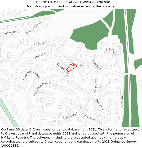 6, DERNGATE DRIVE, STANDISH, WIGAN, WN6 0BP: Location map and indicative extent of plot