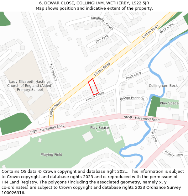 6, DEWAR CLOSE, COLLINGHAM, WETHERBY, LS22 5JR: Location map and indicative extent of plot