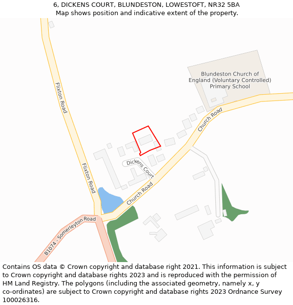 6, DICKENS COURT, BLUNDESTON, LOWESTOFT, NR32 5BA: Location map and indicative extent of plot