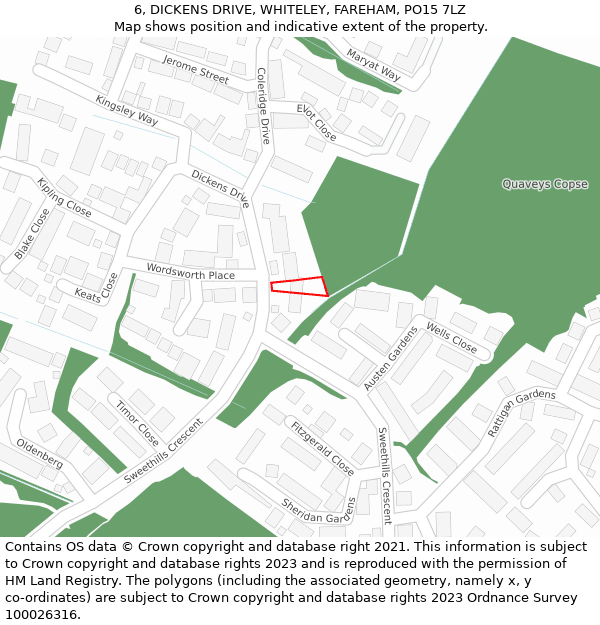 6, DICKENS DRIVE, WHITELEY, FAREHAM, PO15 7LZ: Location map and indicative extent of plot