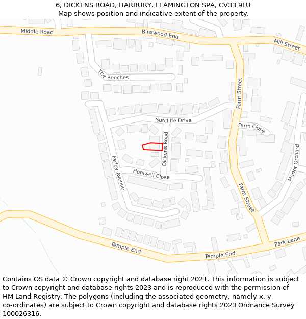 6, DICKENS ROAD, HARBURY, LEAMINGTON SPA, CV33 9LU: Location map and indicative extent of plot