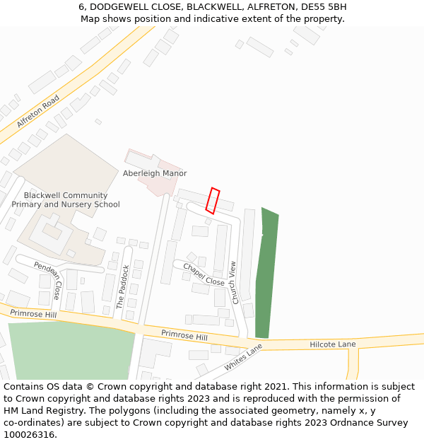 6, DODGEWELL CLOSE, BLACKWELL, ALFRETON, DE55 5BH: Location map and indicative extent of plot