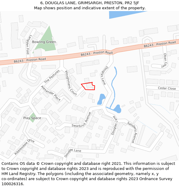 6, DOUGLAS LANE, GRIMSARGH, PRESTON, PR2 5JF: Location map and indicative extent of plot