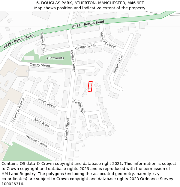 6, DOUGLAS PARK, ATHERTON, MANCHESTER, M46 9EE: Location map and indicative extent of plot