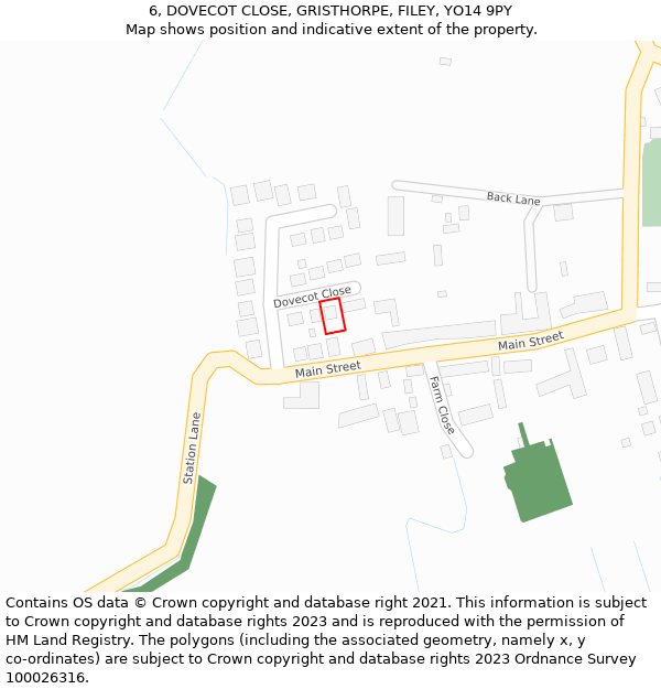 6, DOVECOT CLOSE, GRISTHORPE, FILEY, YO14 9PY: Location map and indicative extent of plot