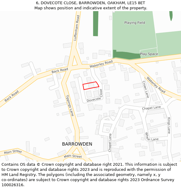 6, DOVECOTE CLOSE, BARROWDEN, OAKHAM, LE15 8ET: Location map and indicative extent of plot