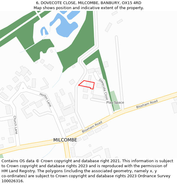 6, DOVECOTE CLOSE, MILCOMBE, BANBURY, OX15 4RD: Location map and indicative extent of plot