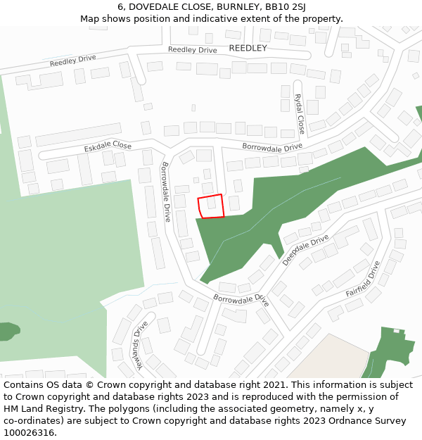 6, DOVEDALE CLOSE, BURNLEY, BB10 2SJ: Location map and indicative extent of plot