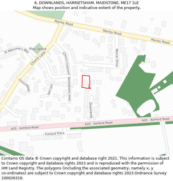 6, DOWNLANDS, HARRIETSHAM, MAIDSTONE, ME17 1LE: Location map and indicative extent of plot