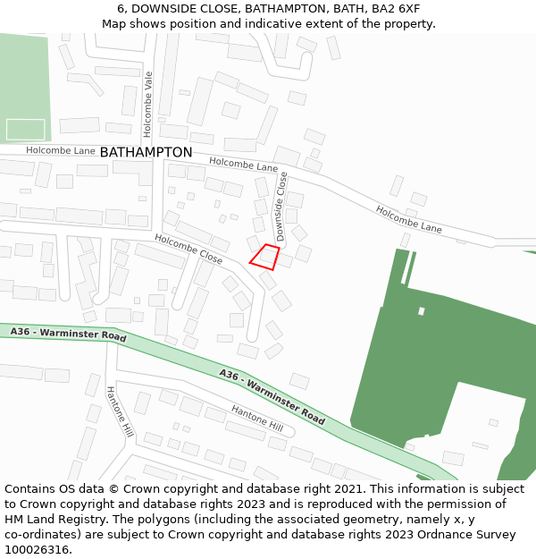 6, DOWNSIDE CLOSE, BATHAMPTON, BATH, BA2 6XF: Location map and indicative extent of plot