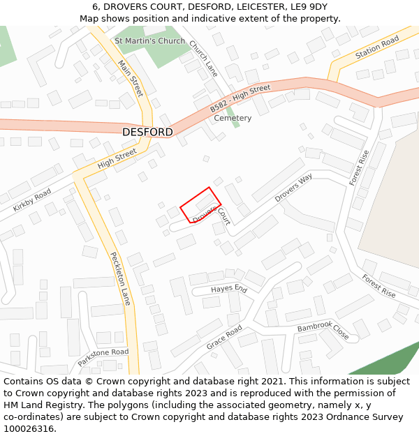 6, DROVERS COURT, DESFORD, LEICESTER, LE9 9DY: Location map and indicative extent of plot