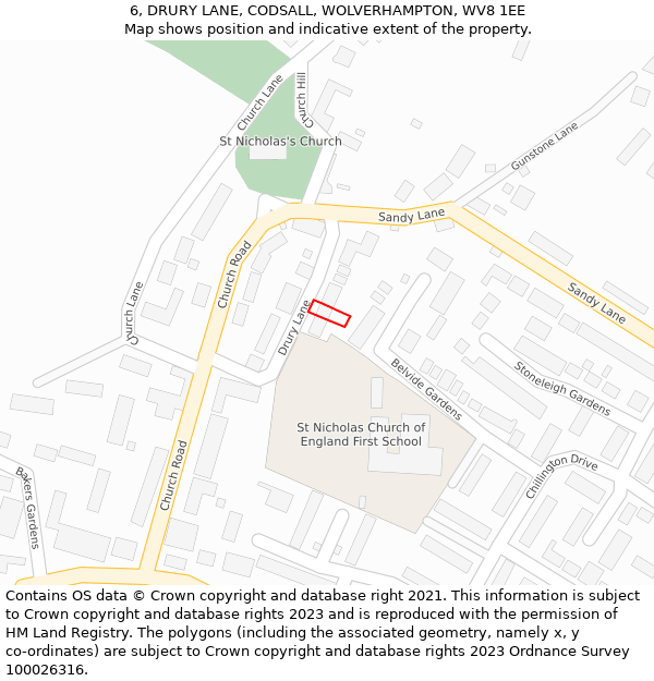 6, DRURY LANE, CODSALL, WOLVERHAMPTON, WV8 1EE: Location map and indicative extent of plot