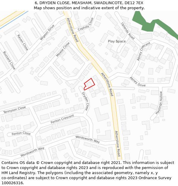 6, DRYDEN CLOSE, MEASHAM, SWADLINCOTE, DE12 7EX: Location map and indicative extent of plot