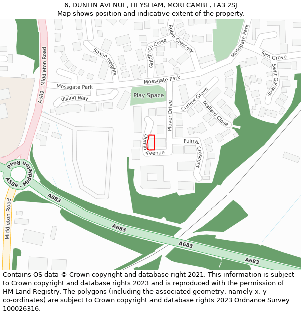 6, DUNLIN AVENUE, HEYSHAM, MORECAMBE, LA3 2SJ: Location map and indicative extent of plot