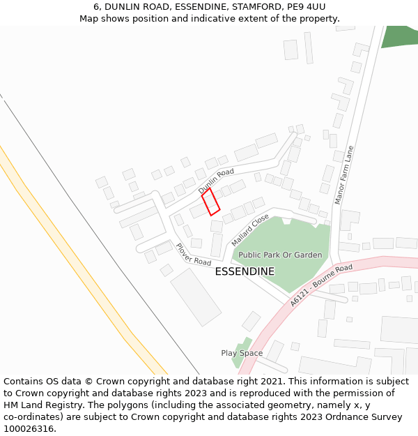 6, DUNLIN ROAD, ESSENDINE, STAMFORD, PE9 4UU: Location map and indicative extent of plot