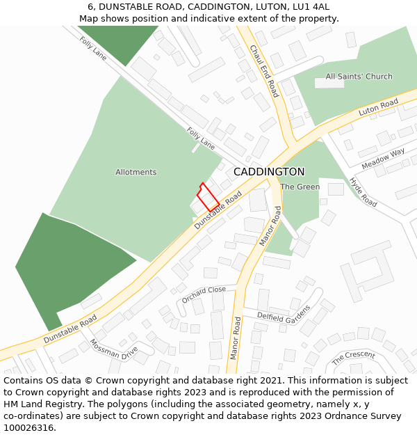 6, DUNSTABLE ROAD, CADDINGTON, LUTON, LU1 4AL: Location map and indicative extent of plot