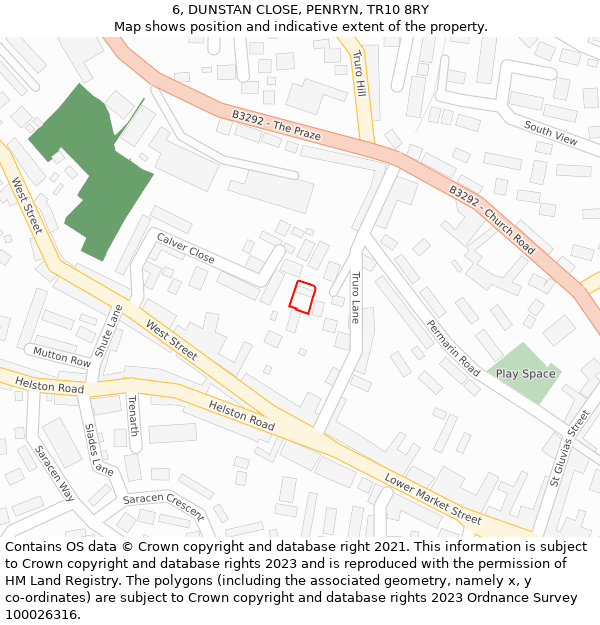 6, DUNSTAN CLOSE, PENRYN, TR10 8RY: Location map and indicative extent of plot