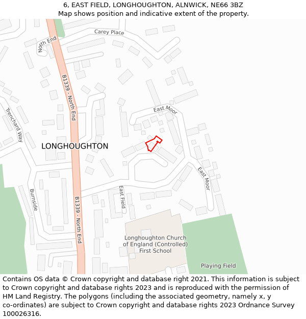 6, EAST FIELD, LONGHOUGHTON, ALNWICK, NE66 3BZ: Location map and indicative extent of plot