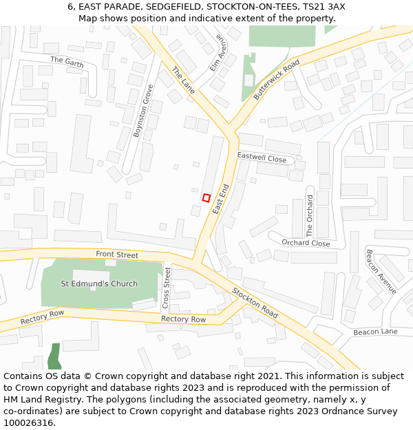 6, EAST PARADE, SEDGEFIELD, STOCKTON-ON-TEES, TS21 3AX: Location map and indicative extent of plot