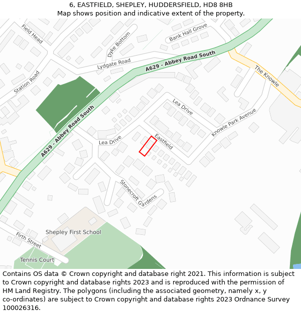 6, EASTFIELD, SHEPLEY, HUDDERSFIELD, HD8 8HB: Location map and indicative extent of plot