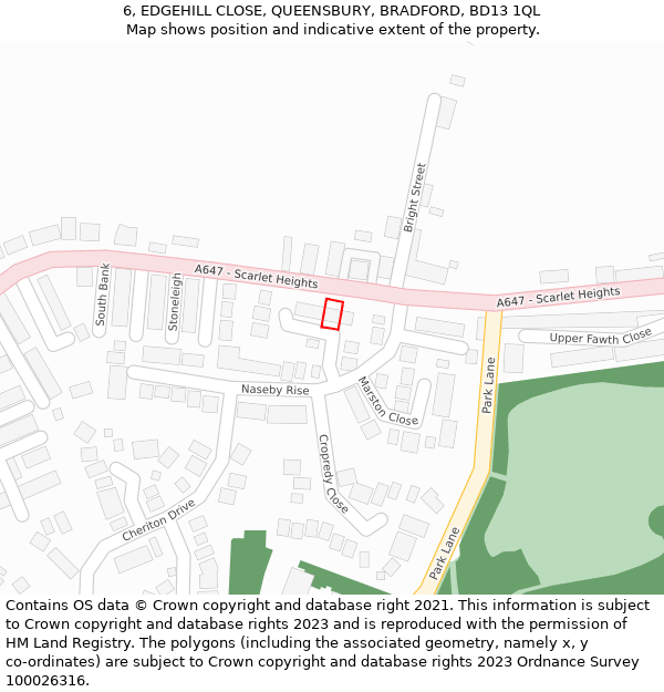 6, EDGEHILL CLOSE, QUEENSBURY, BRADFORD, BD13 1QL: Location map and indicative extent of plot