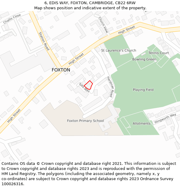 6, EDIS WAY, FOXTON, CAMBRIDGE, CB22 6RW: Location map and indicative extent of plot