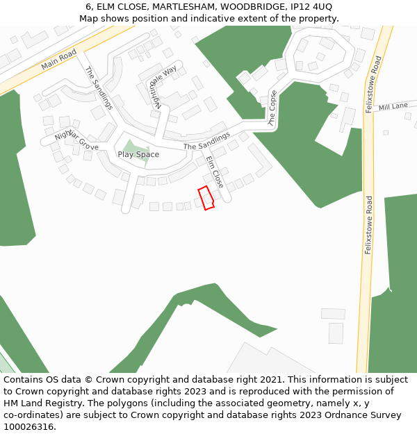 6, ELM CLOSE, MARTLESHAM, WOODBRIDGE, IP12 4UQ: Location map and indicative extent of plot