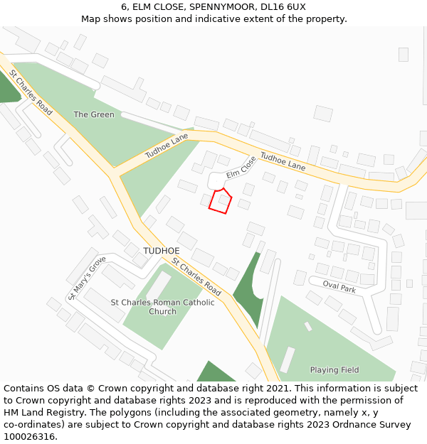 6, ELM CLOSE, SPENNYMOOR, DL16 6UX: Location map and indicative extent of plot