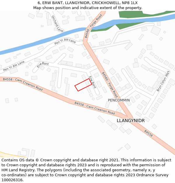 6, ERW BANT, LLANGYNIDR, CRICKHOWELL, NP8 1LX: Location map and indicative extent of plot