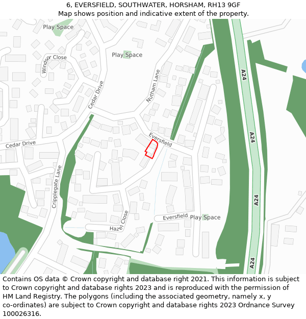 6, EVERSFIELD, SOUTHWATER, HORSHAM, RH13 9GF: Location map and indicative extent of plot