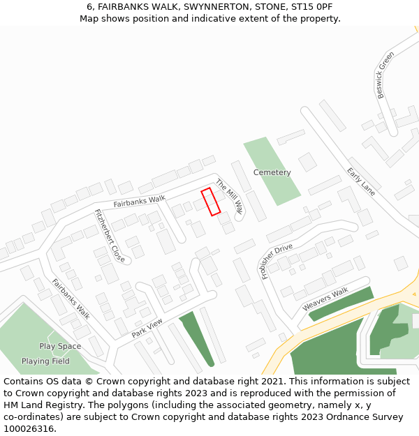 6, FAIRBANKS WALK, SWYNNERTON, STONE, ST15 0PF: Location map and indicative extent of plot