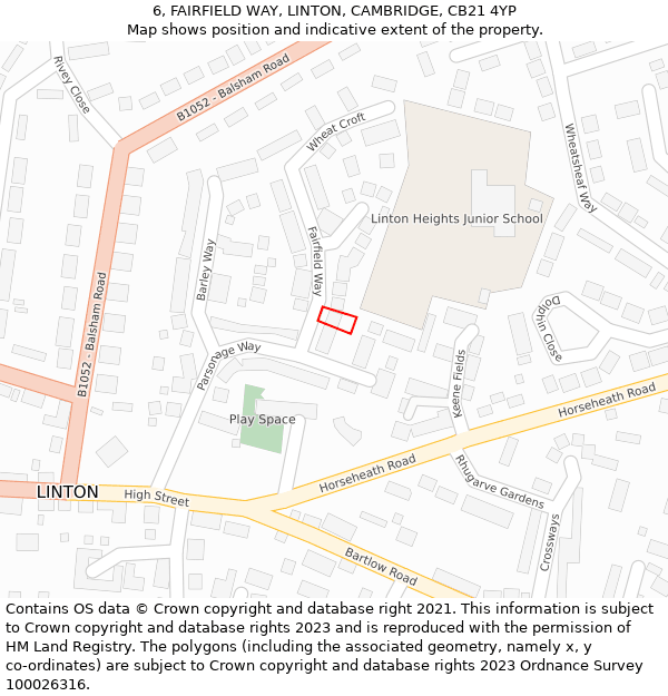 6, FAIRFIELD WAY, LINTON, CAMBRIDGE, CB21 4YP: Location map and indicative extent of plot