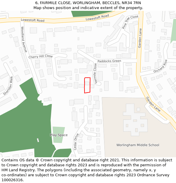 6, FAIRMILE CLOSE, WORLINGHAM, BECCLES, NR34 7RN: Location map and indicative extent of plot